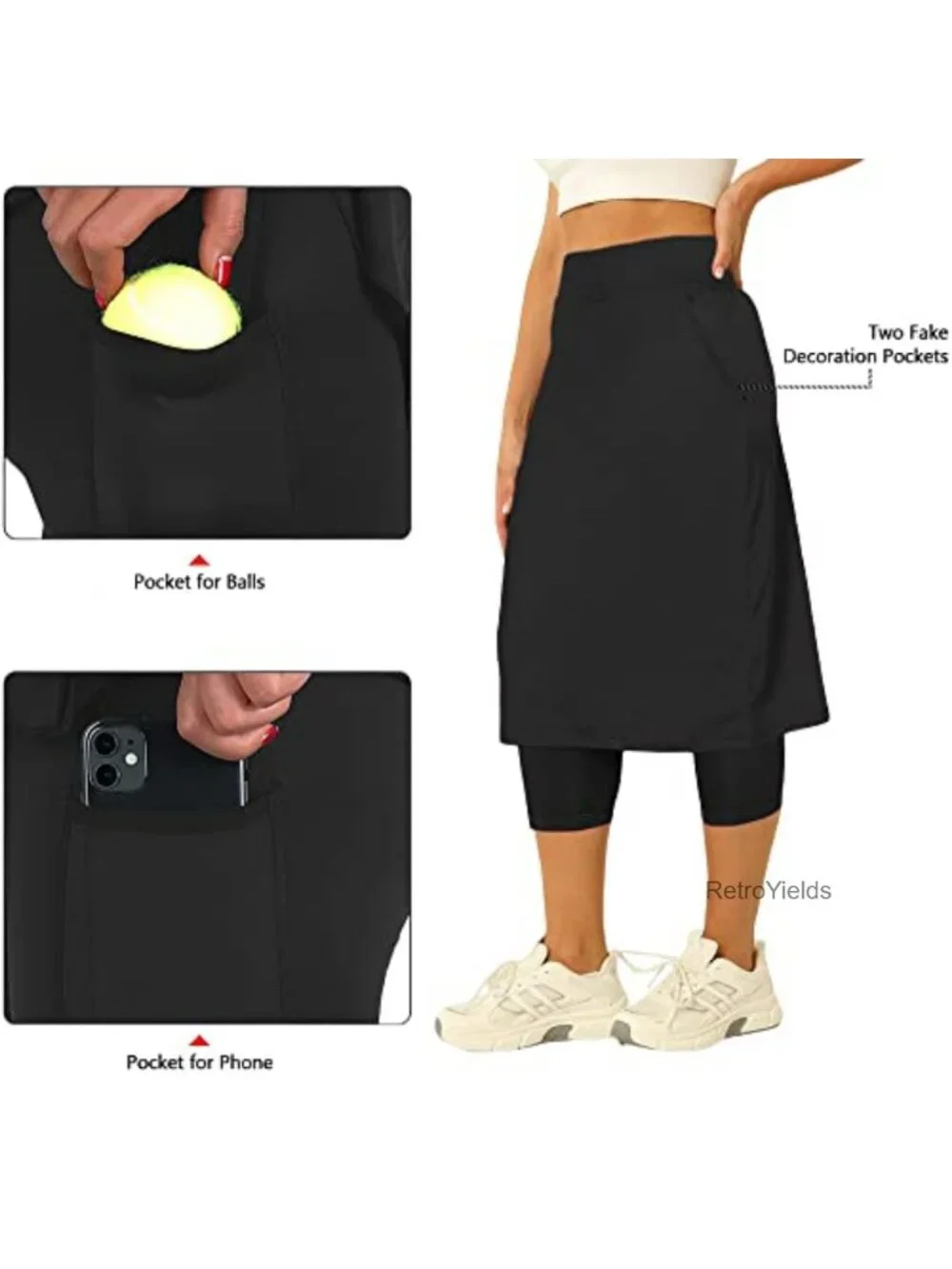 Tennis Skort with Built-in Capri Leggings, Knee-Length Athletic Skirt with